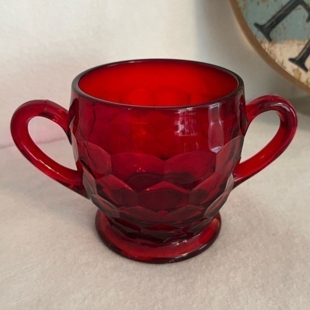 1960's Fenton Ruby Red Georgian Honeycomb Sugar Bowl Depression Glass Dish
